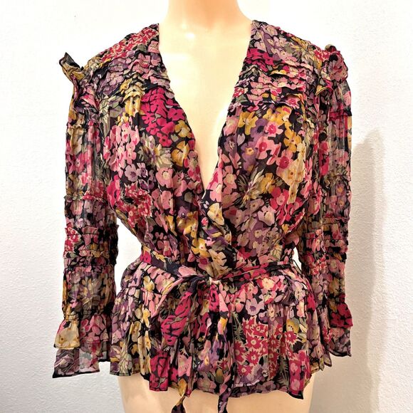 Polo Ralph Laure Womens Button Up Size Large Dark Floral Sheer Wrap Peplum - Picture 1 of 8